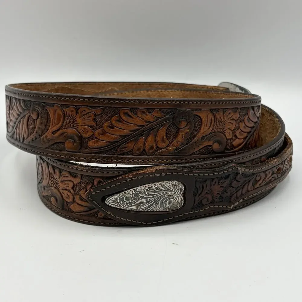 Justin Men’s Brown Leather Ranger Belt Silver Tone Accents Size 38 USA 114CH